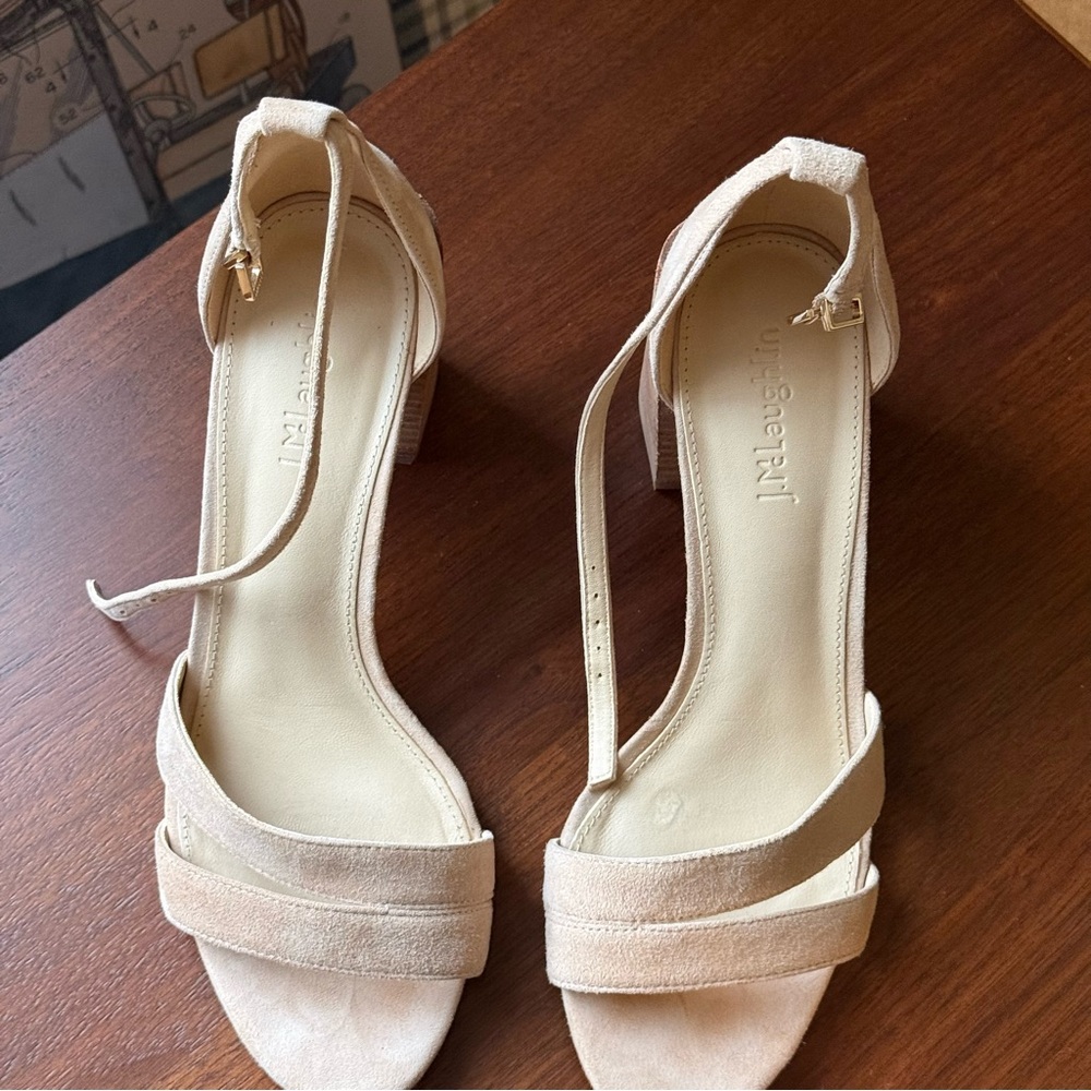 J McLaughlin Cream Suede Block Heel Sandals with Ankle Strap